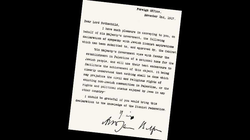 Den originale Balfour-erklæring fra 1917.
